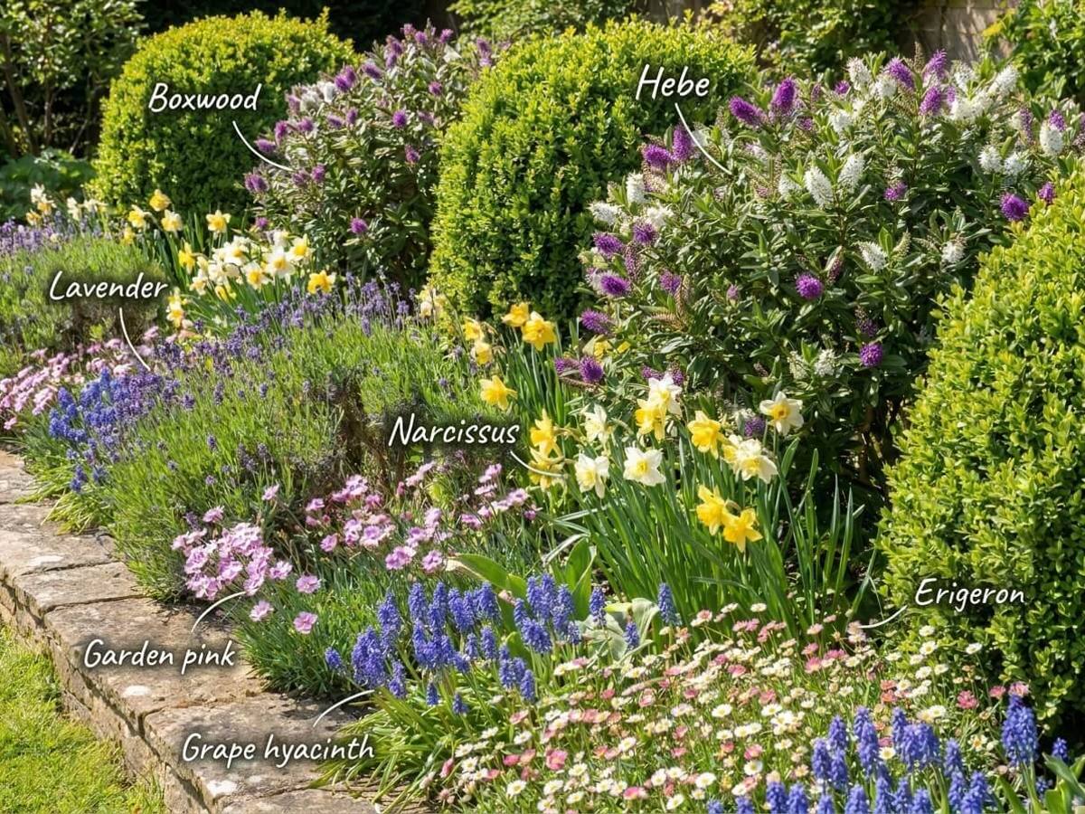 a border edging in full sun, flowering in spring, with each plant labelled