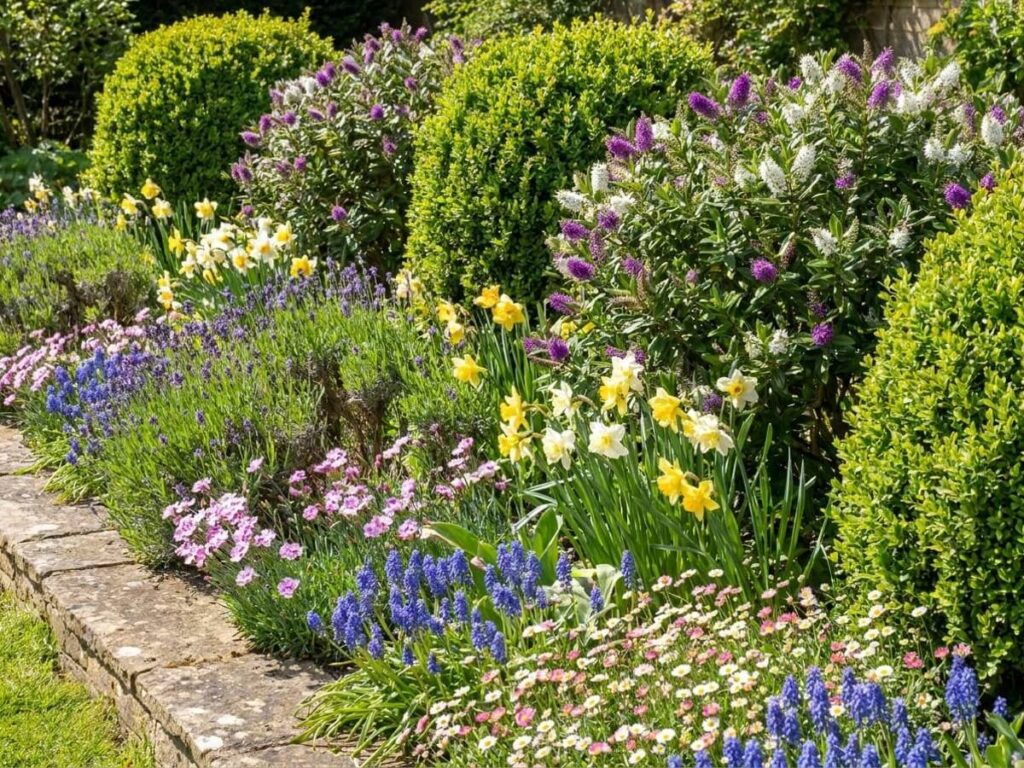 a border edging in full sun, flowering in spring