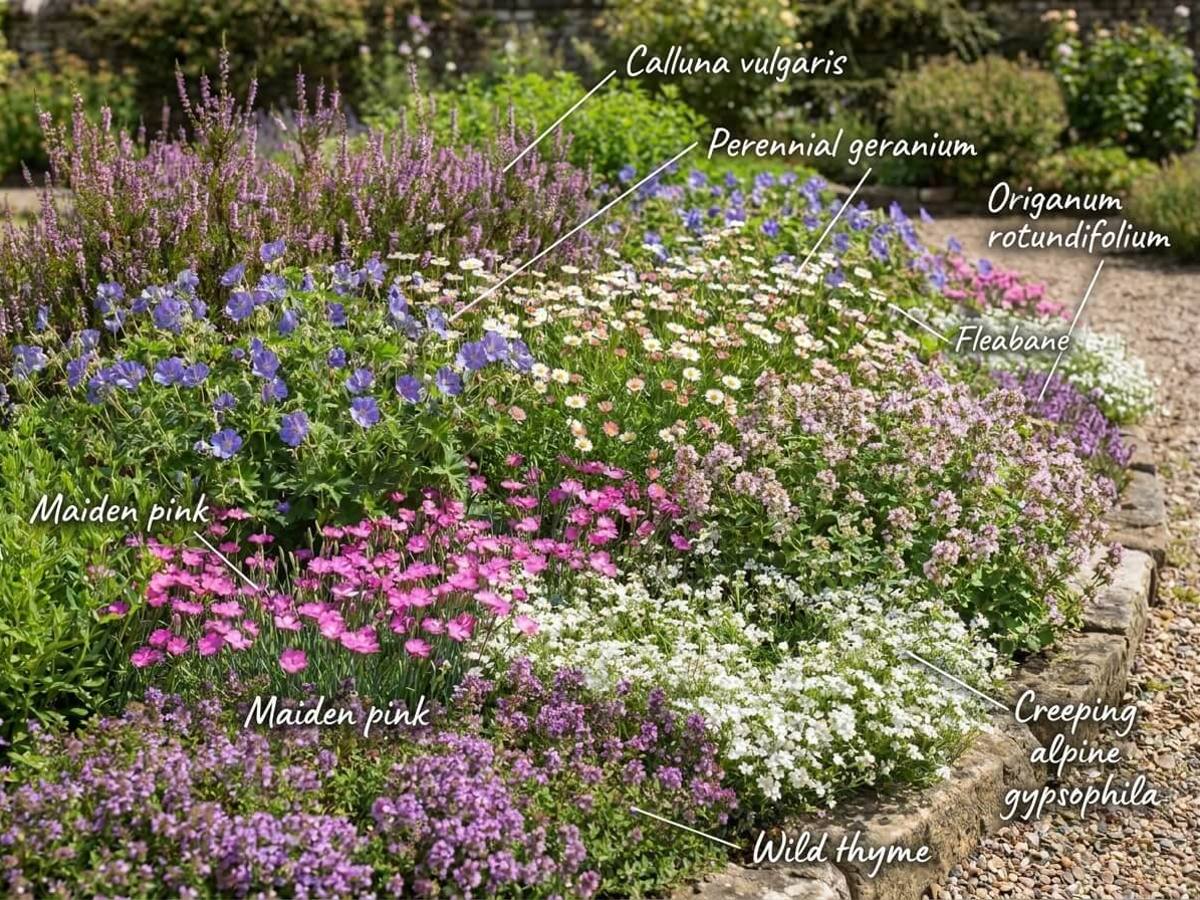 a carpet of ground cover in full sun, flowering in summer, with each plant labelled