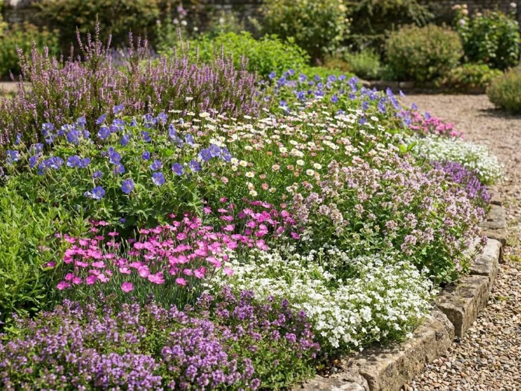 a carpet of ground cover in full sun, flowering in summer