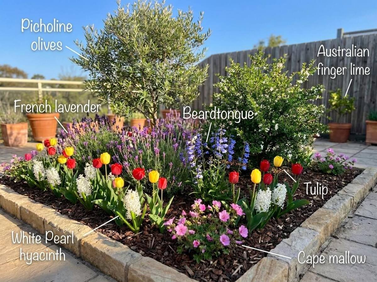 a set of pots for a patio or balcony in full sun, flowering in spring, with each plant labelled