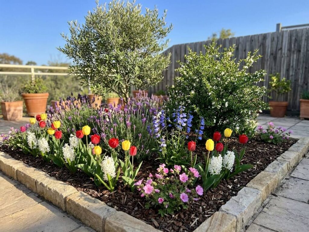 a set of pots for a patio or balcony in full sun, flowering in spring