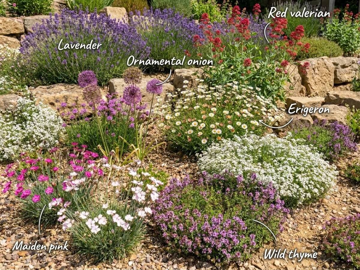 a rock garden in full sun, flowering in summer, with each plant labelled