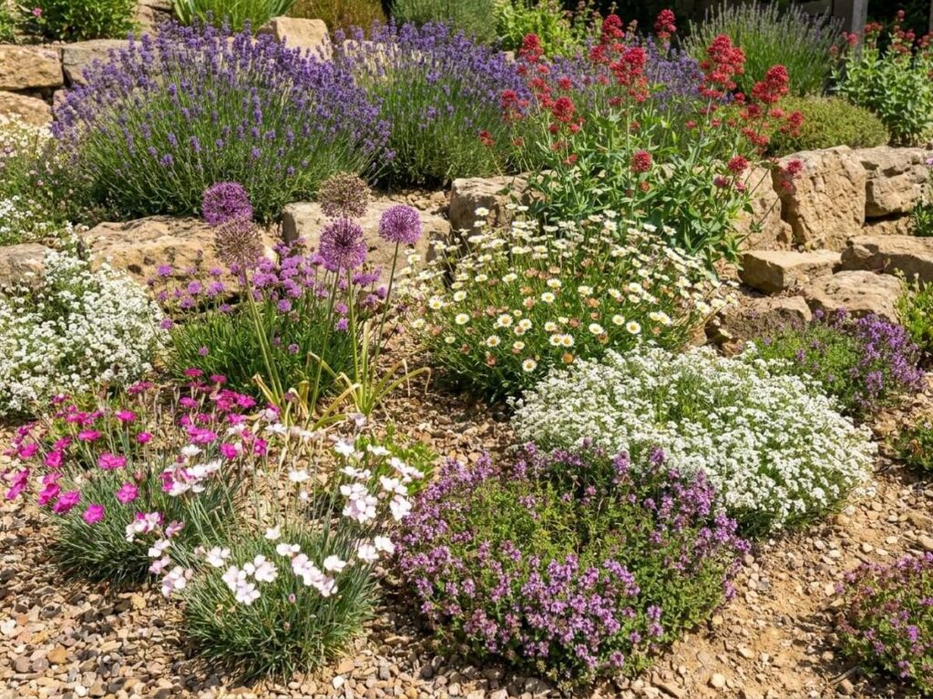 a rock garden in full sun, flowering in summer