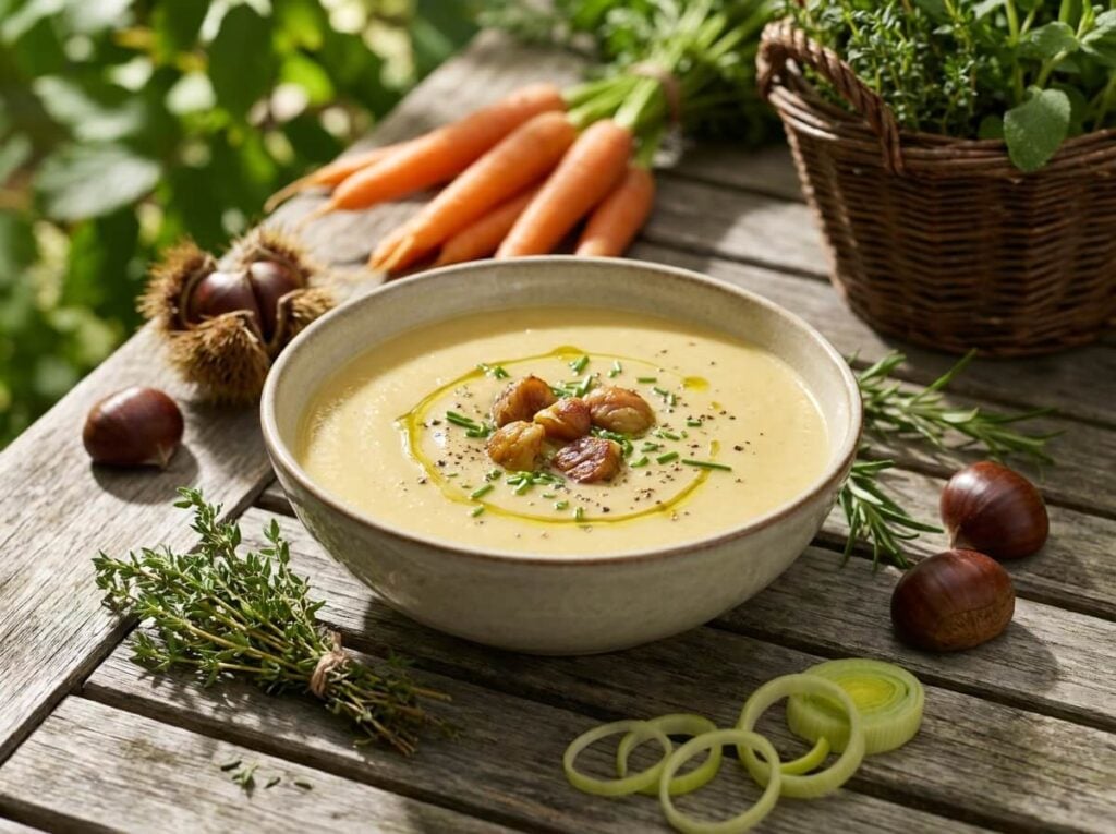 Bowl of velvety pale golden chestnut soup topped with browned chestnut pieces, chopped chives, olive oil thread and cracked pepper, beside whole chestnuts and leek rings