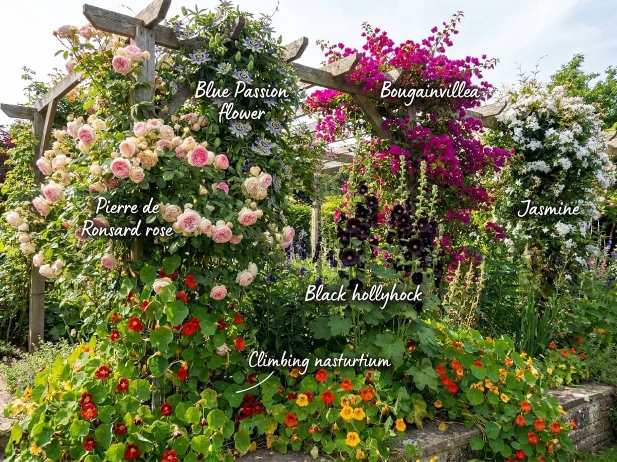 a wall or pergola to clothe in full sun, flowering in summer, with each plant labelled