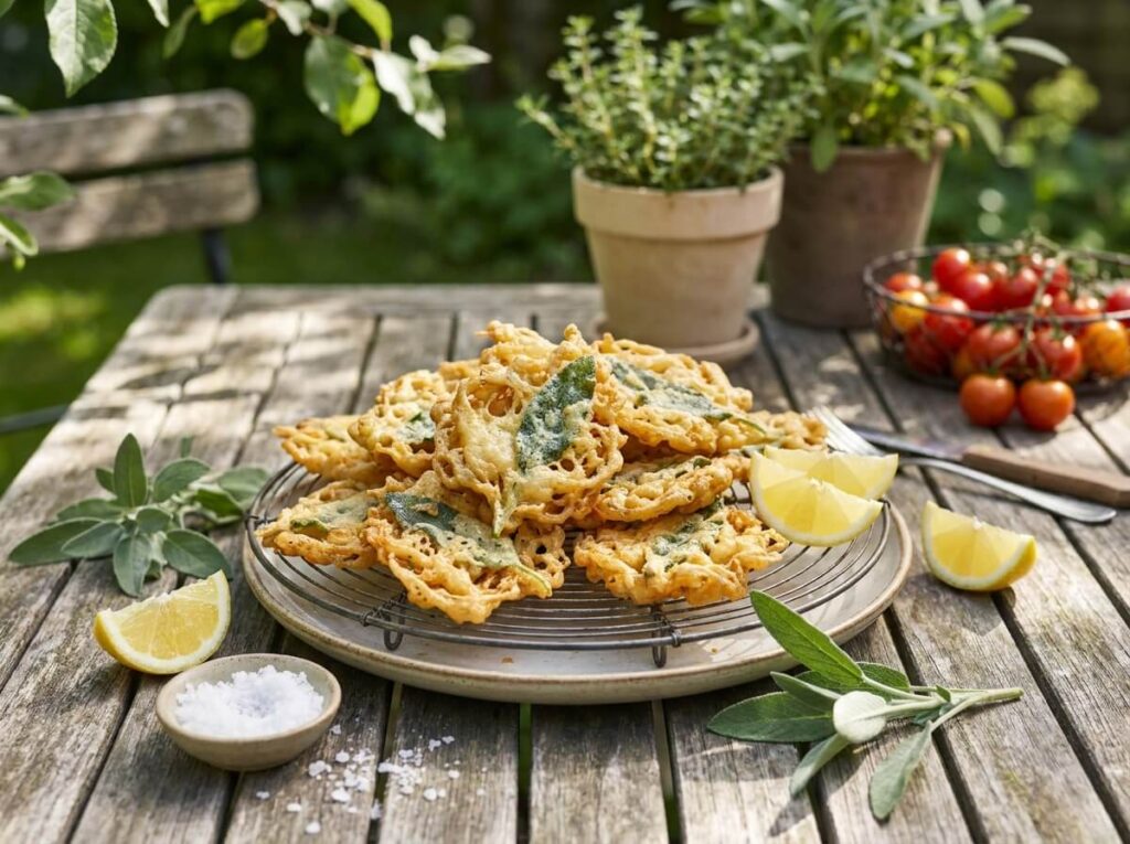 Pile of golden, lace-edged fried sage leaf fritters on a wire rack and rustic plate, lemon wedges, flaky salt, fresh grey-green sage sprigs beside