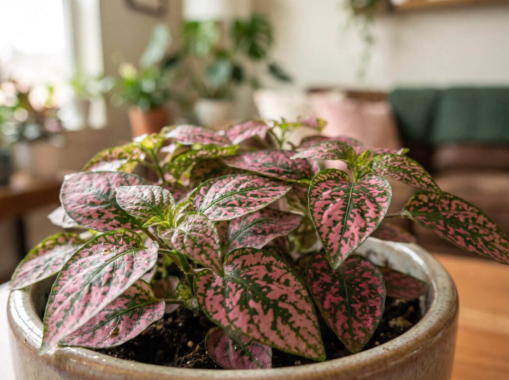 Polka dot plant with pink spotted leaves in a pot