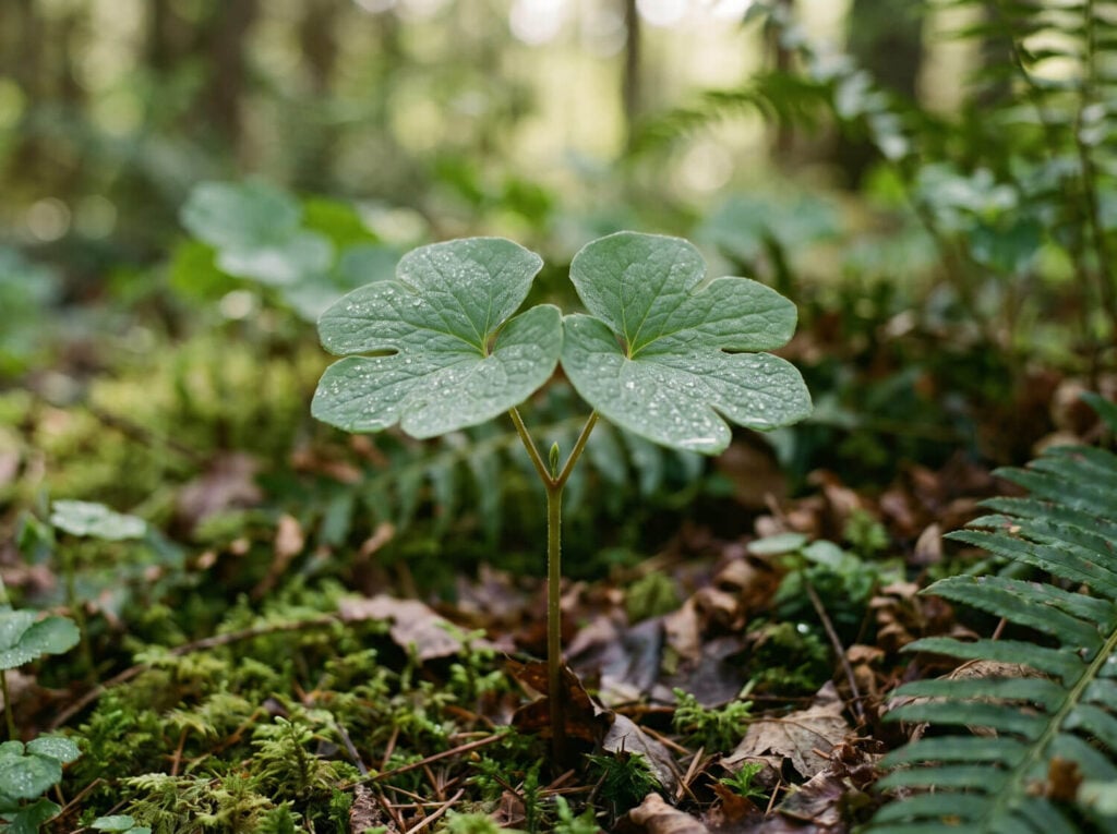 Jeffersonia diphylla twin leaf in woodland shade