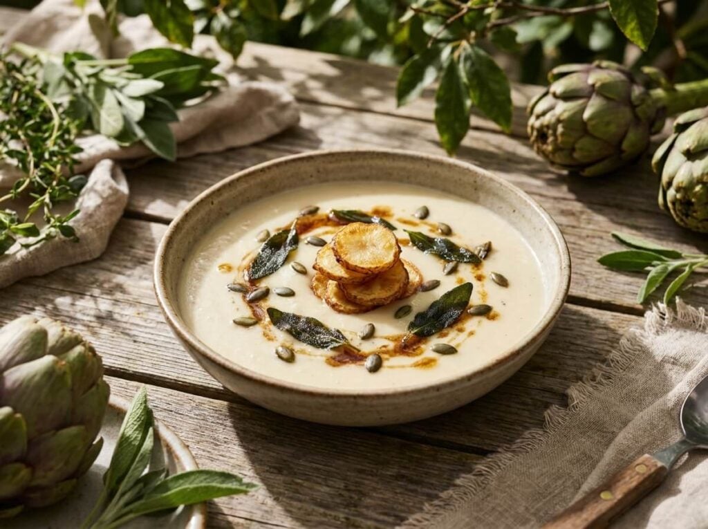 Pale ivory Jerusalem artichoke soup in a wide ceramic bowl, drizzled with nut-brown butter, crisp dark sage leaves, pumpkin seeds and golden fried tuber coins stacked in the centre