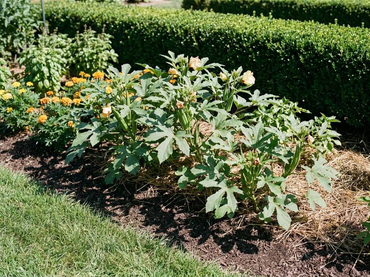 Okra growing in a garden border