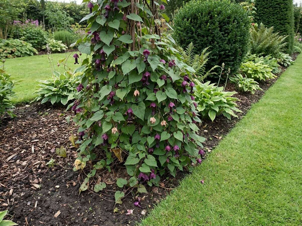 Rhodochiton atrosanguineus growing in a garden border