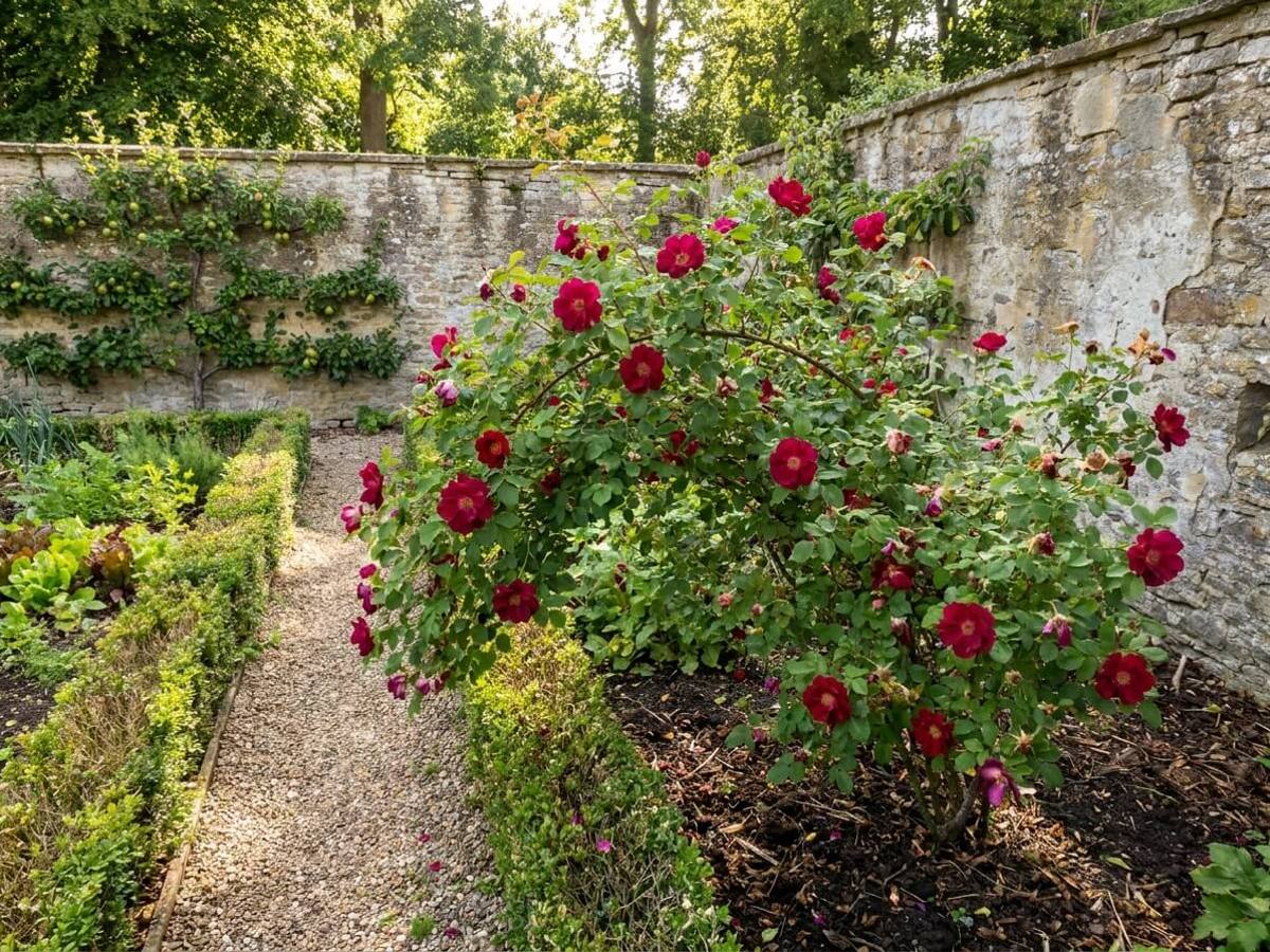 Rosa moyesii growing in a garden border