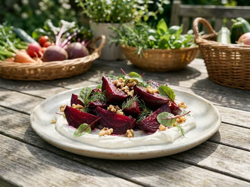 Deep crimson beetroot wedges piled on a pool of white horseradish cream, scattered with chopped walnuts, dill fronds and small beet leaves, on a pale ceramic plate